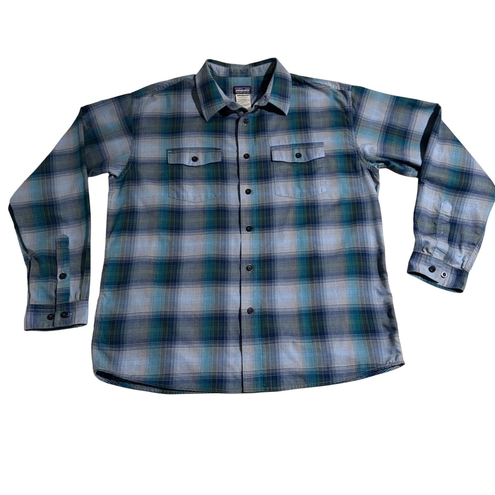 Patagonia Men's Long-Sleeve Buckshot Shirt Plaid Blue Green Organic Cotton Large